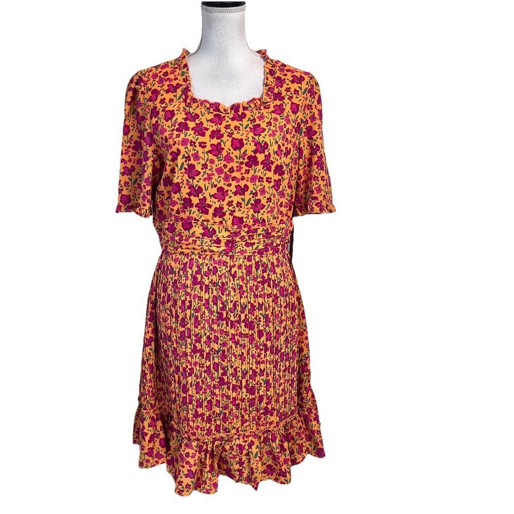 Ivy City Co. Raven Dress sz 10 Orange Pink Floral Pleated Ruffles Church Wedding